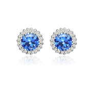 Sterling Silver Created Blue Sapphire and Cubic Zirconia Round Halo Stud Earrings