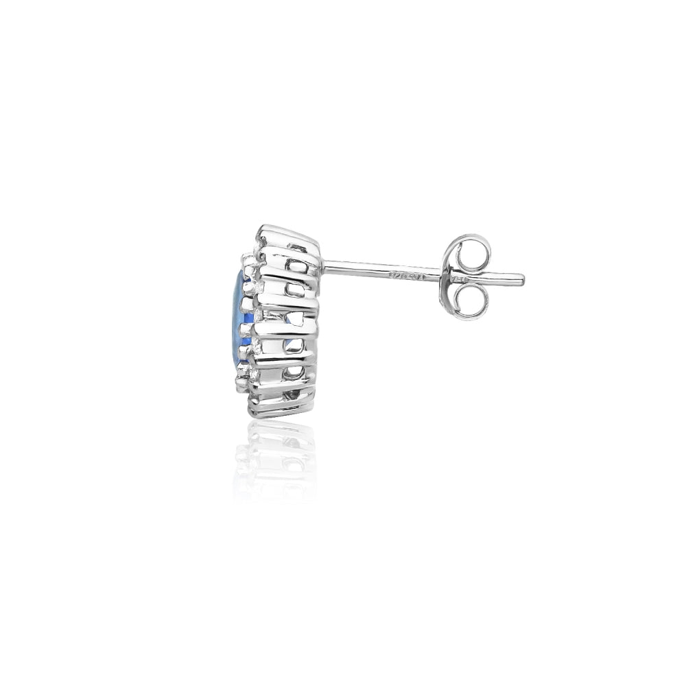 Sterling Silver Created Blue Sapphire and Cubic Zirconia Round Halo Stud Earrings-3