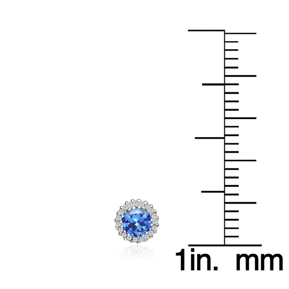 Sterling Silver Created Blue Sapphire and Cubic Zirconia Round Halo Stud Earrings-5