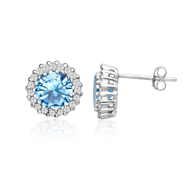 Sterling Silver Created Blue Topaz and Cubic Zirconia Round Halo Stud Earrings