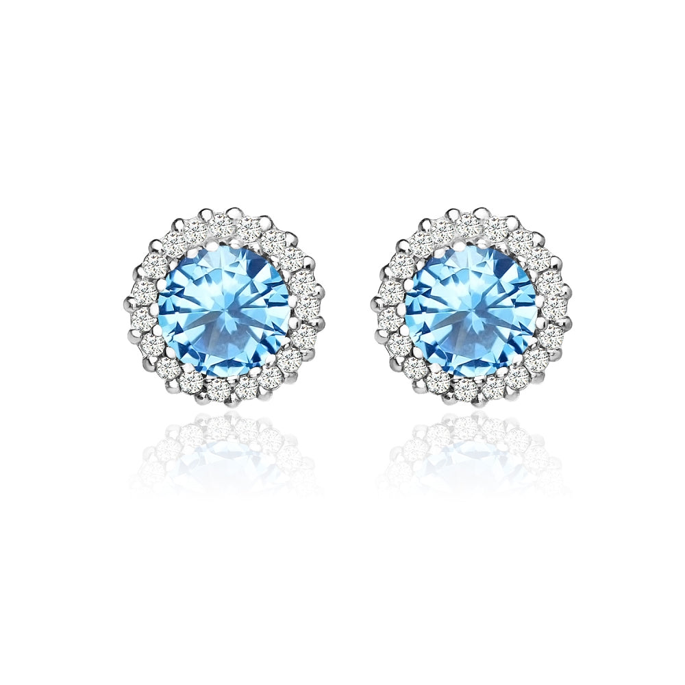 Sterling Silver Created Blue Topaz and Cubic Zirconia Round Halo Stud Earrings-2