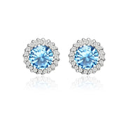 Sterling Silver Created Blue Topaz and Cubic Zirconia Round Halo Stud Earrings