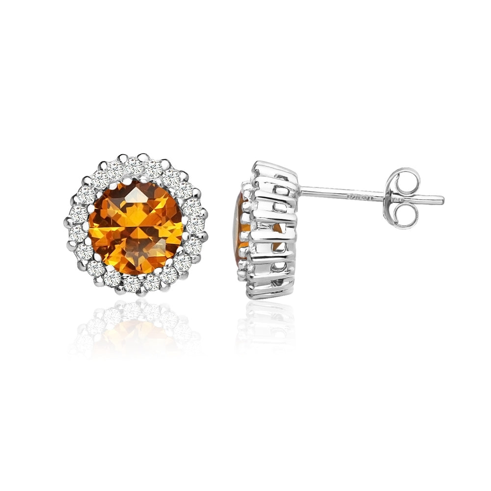 Sterling Silver Created Citrine and Cubic Zirconia Round Halo Stud Earrings