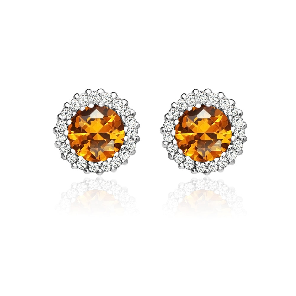 Sterling Silver Created Citrine and Cubic Zirconia Round Halo Stud Earrings-2