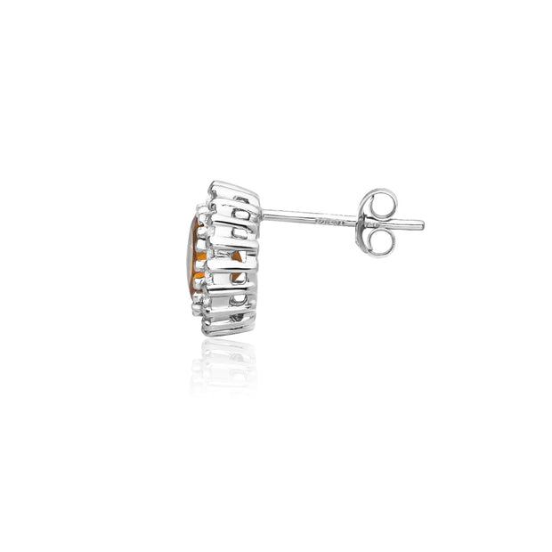 Sterling Silver Created Citrine and Cubic Zirconia Round Halo Stud Earrings
