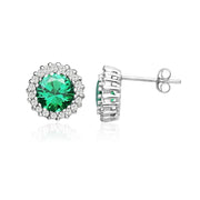 Sterling Silver Created Emerald and Cubic Zirconia Round Halo Stud Earrings