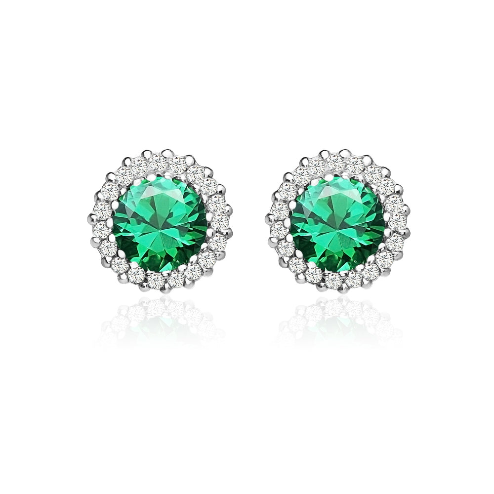 Sterling Silver Created Emerald and Cubic Zirconia Round Halo Stud Earrings-2
