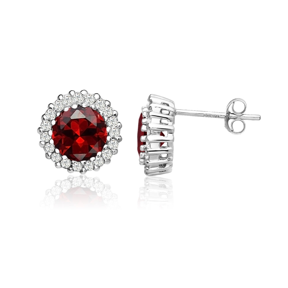 Sterling Silver Created Garnet and Cubic Zirconia Round Halo Stud Earrings