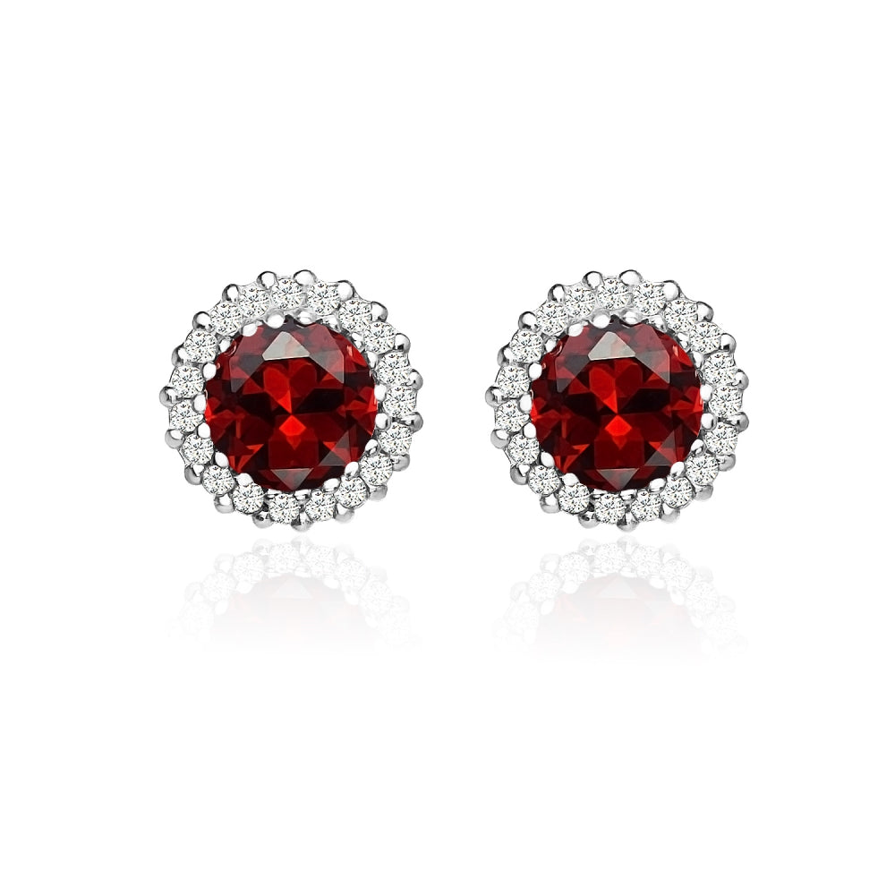 Sterling Silver Created Garnet and Cubic Zirconia Round Halo Stud Earrings-2