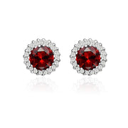 Sterling Silver Created Garnet and Cubic Zirconia Round Halo Stud Earrings