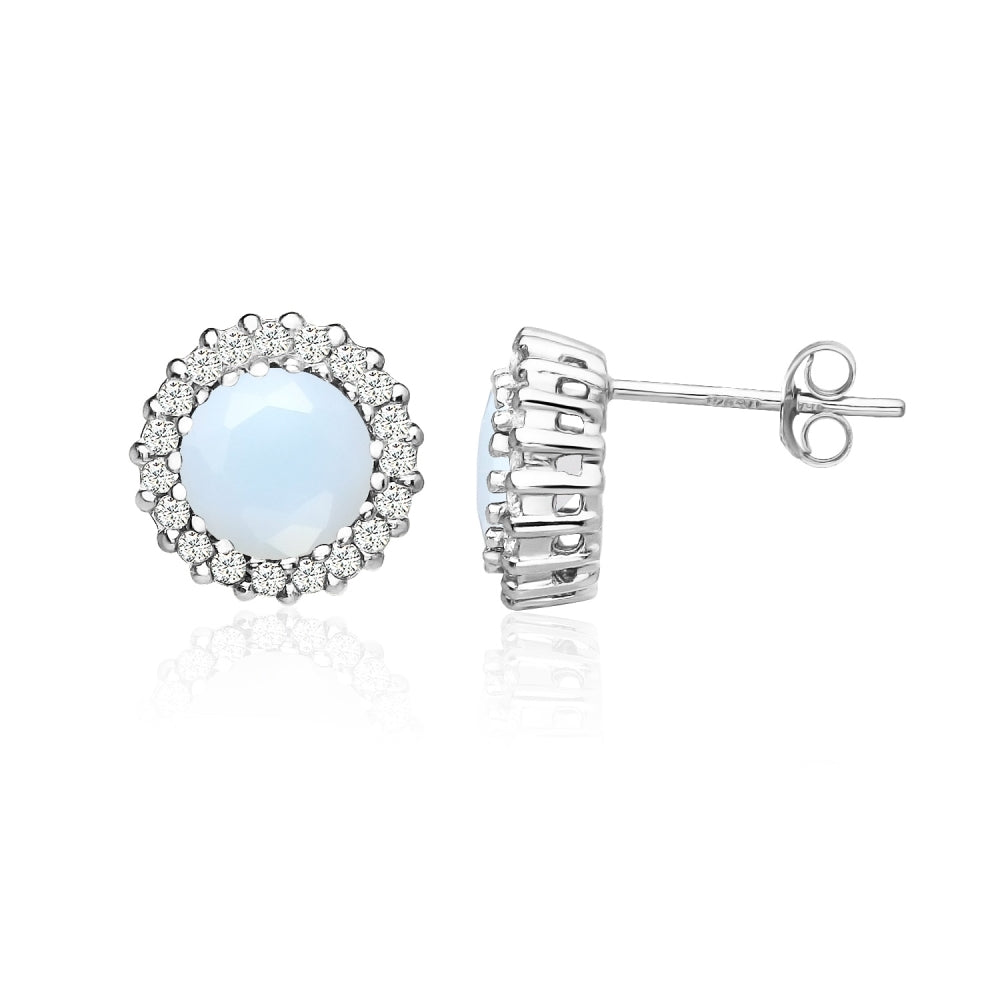 Sterling Silver Created White Opal and Cubic Zirconia Round Halo Stud Earrings