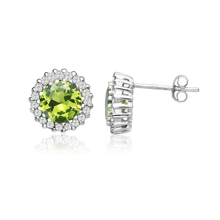 Sterling Silver Created Peridot and Cubic Zirconia Round Halo Stud Earrings