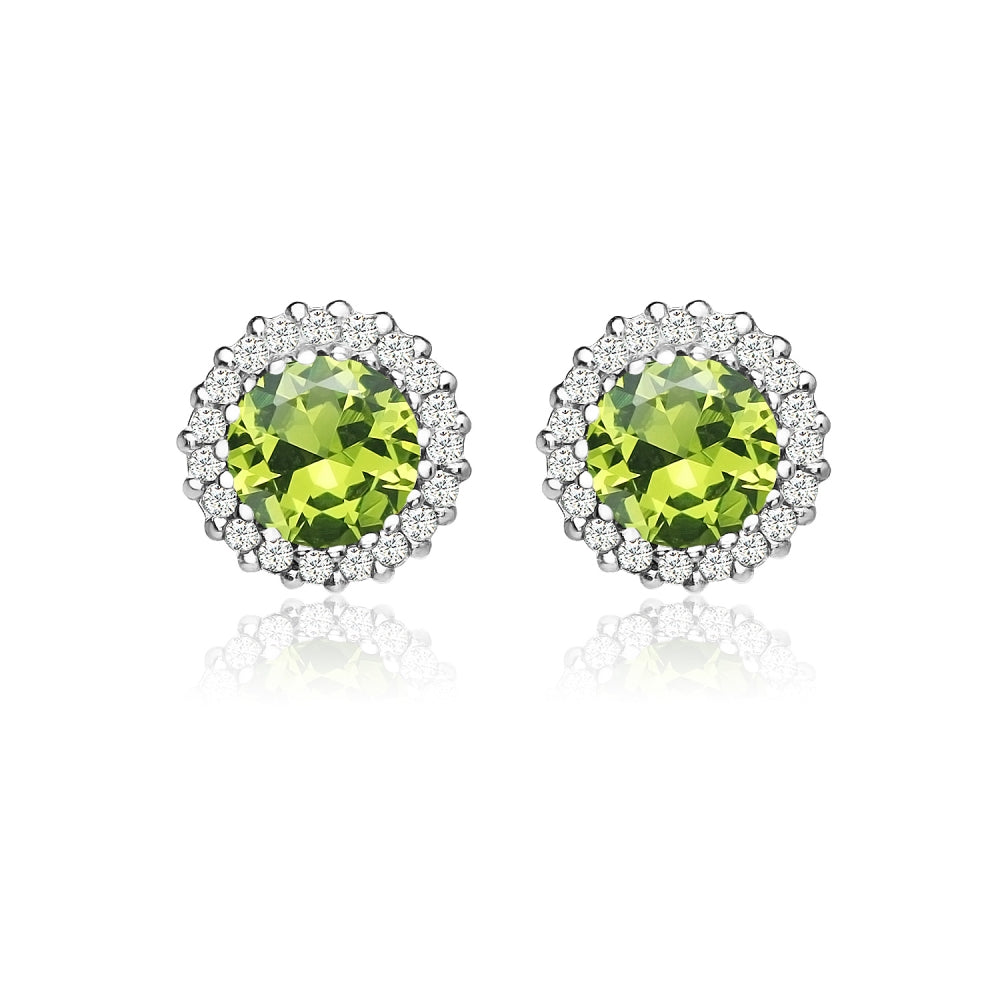 Sterling Silver Created Peridot and Cubic Zirconia Round Halo Stud Earrings-2