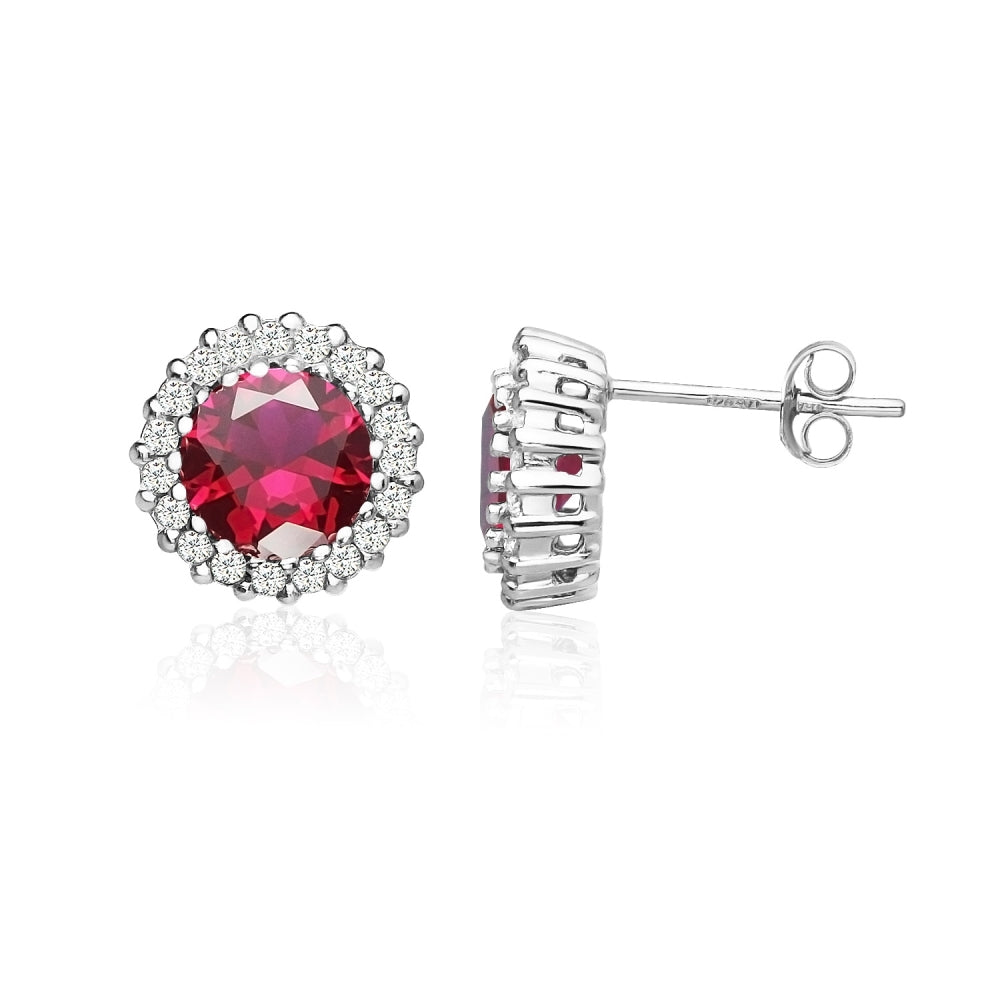 Sterling Silver Created Ruby and Cubic Zirconia Round Halo Stud Earrings