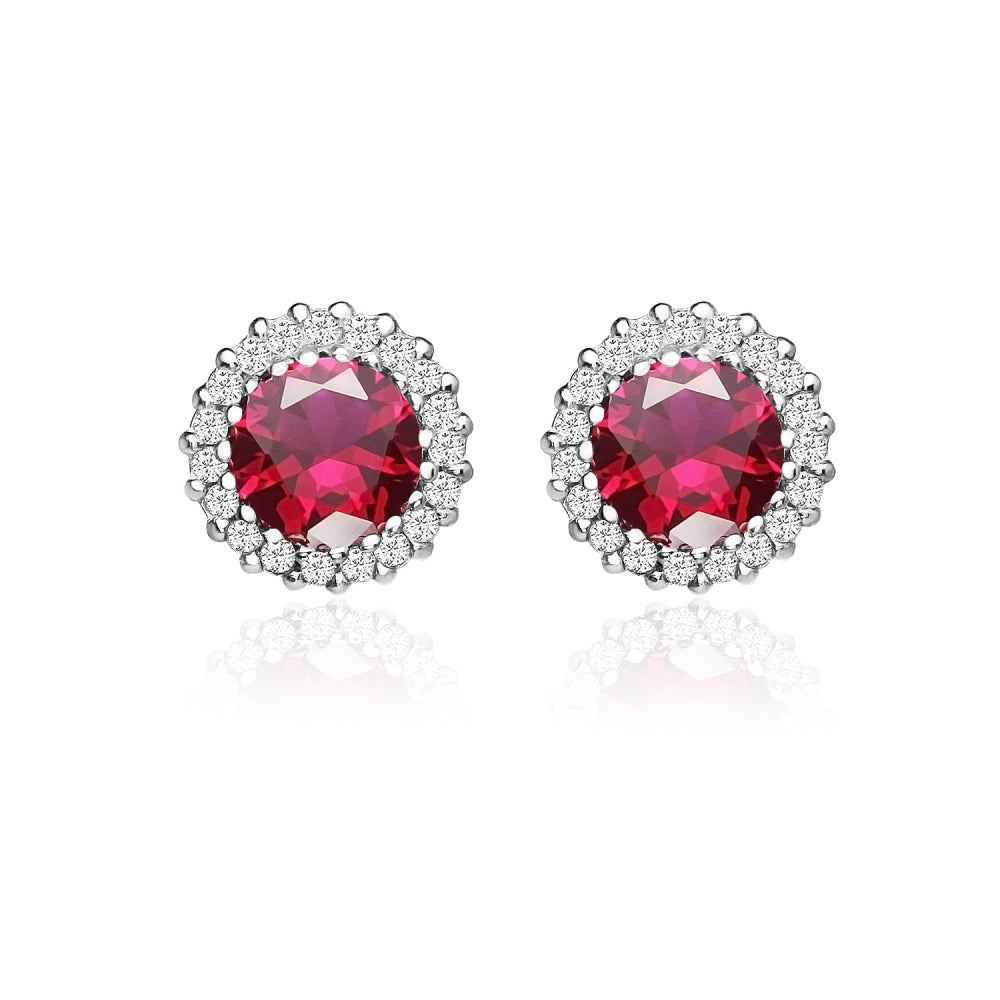 Sterling Silver Created Ruby and Cubic Zirconia Round Halo Stud Earrings-2