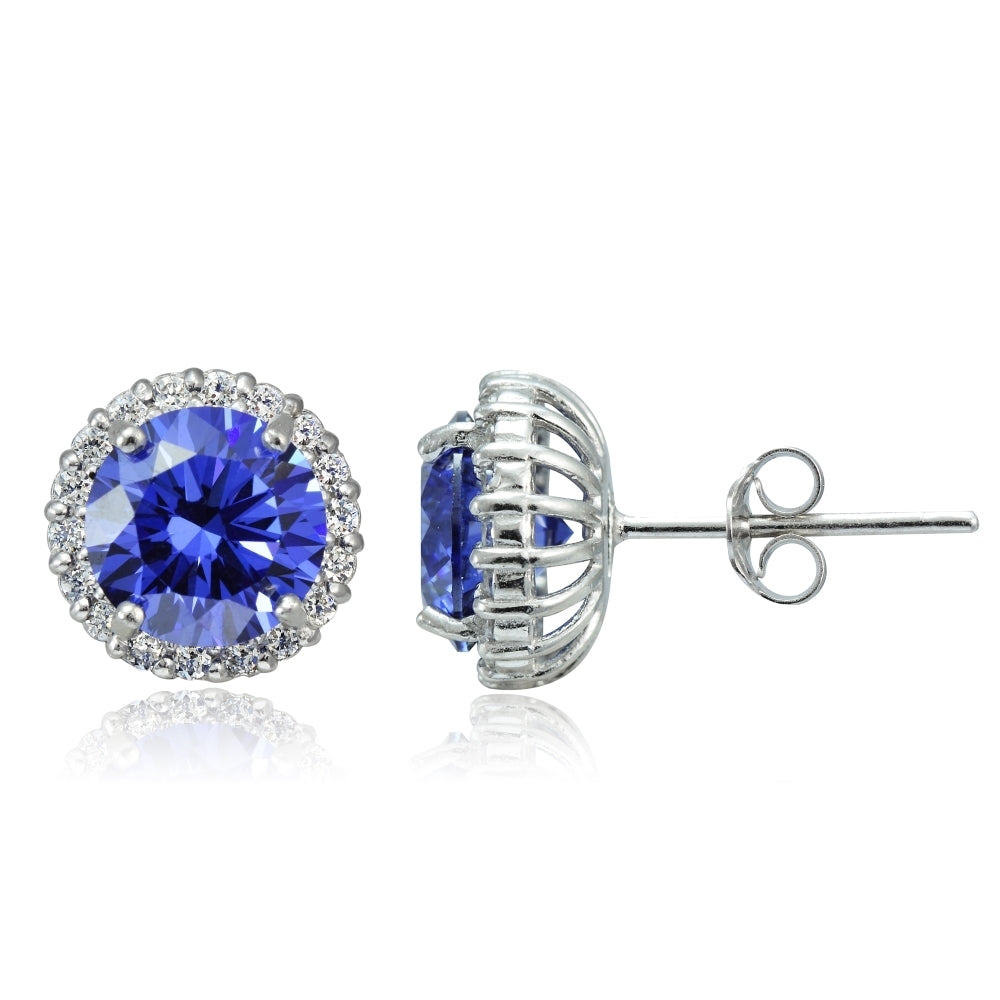 Platinum Plated Sterling Silver 100 Facets Blue Violet Cubic Zirconia Halo Stud Earrings (3cttw)