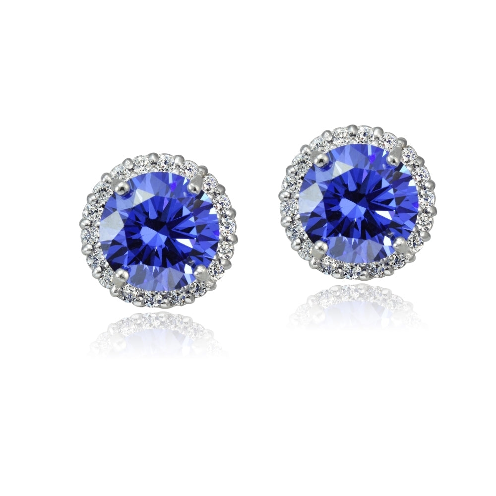 Platinum Plated Sterling Silver 100 Facets Blue Violet Cubic Zirconia Halo Stud Earrings (3cttw)-2