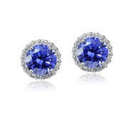 Platinum Plated Sterling Silver 100 Facets Blue Violet Cubic Zirconia Halo Stud Earrings (3cttw)