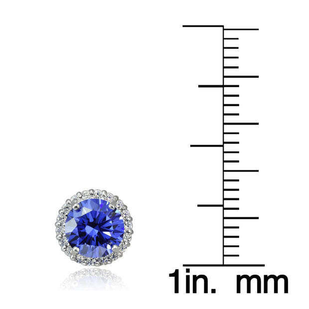 Platinum Plated Sterling Silver 100 Facets Blue Violet Cubic Zirconia Halo Stud Earrings (3cttw)
