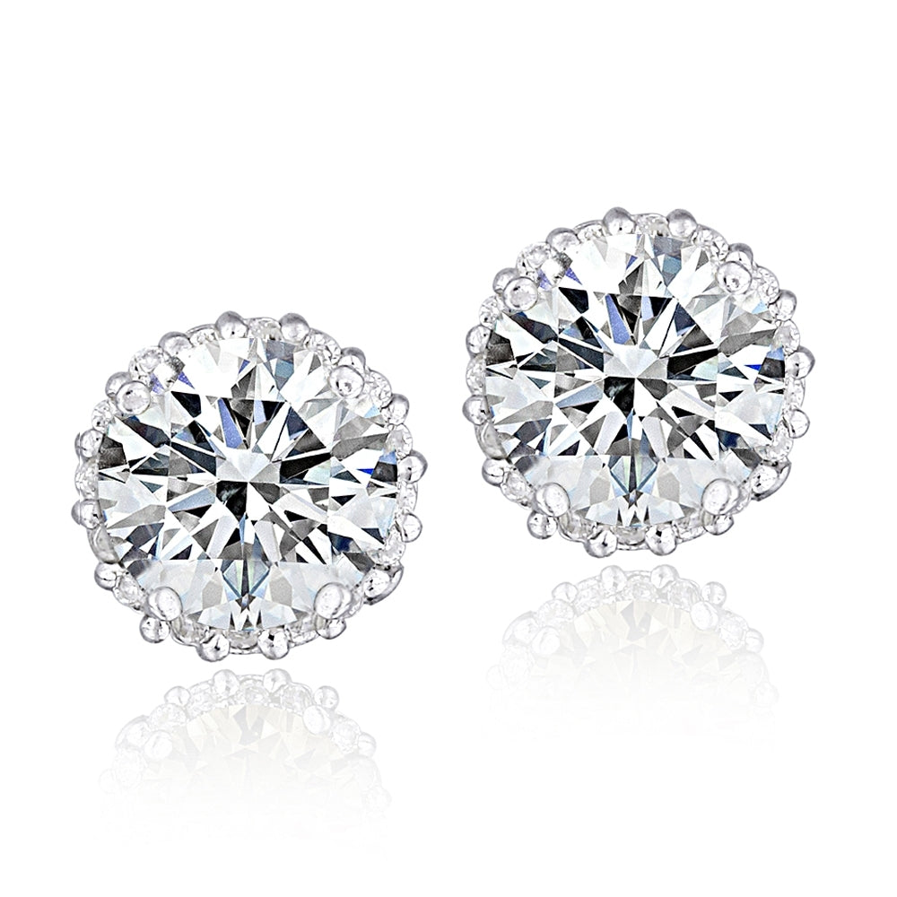 Platinum Plated Sterling Silver 100 Facets Cubic Zirconia Halo Stud Earrings (3cttw)-2