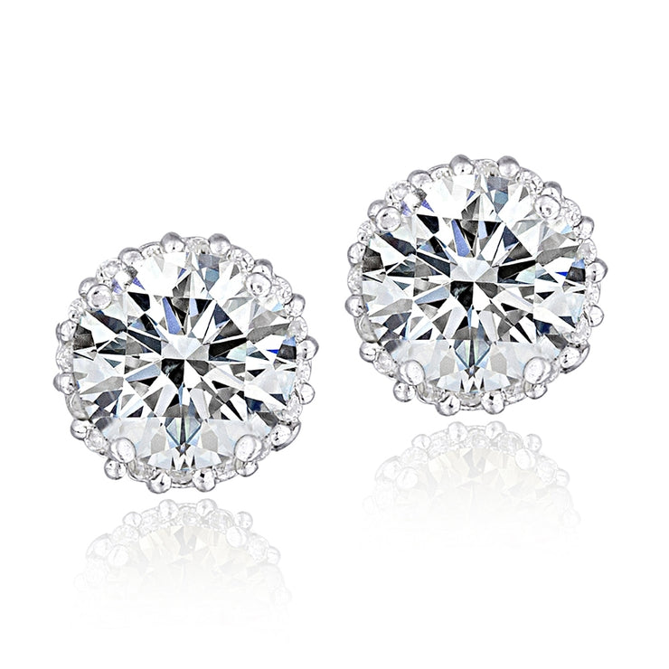 Platinum Plated Sterling Silver 100 Facets Cubic Zirconia Halo Stud Earrings (3cttw)
