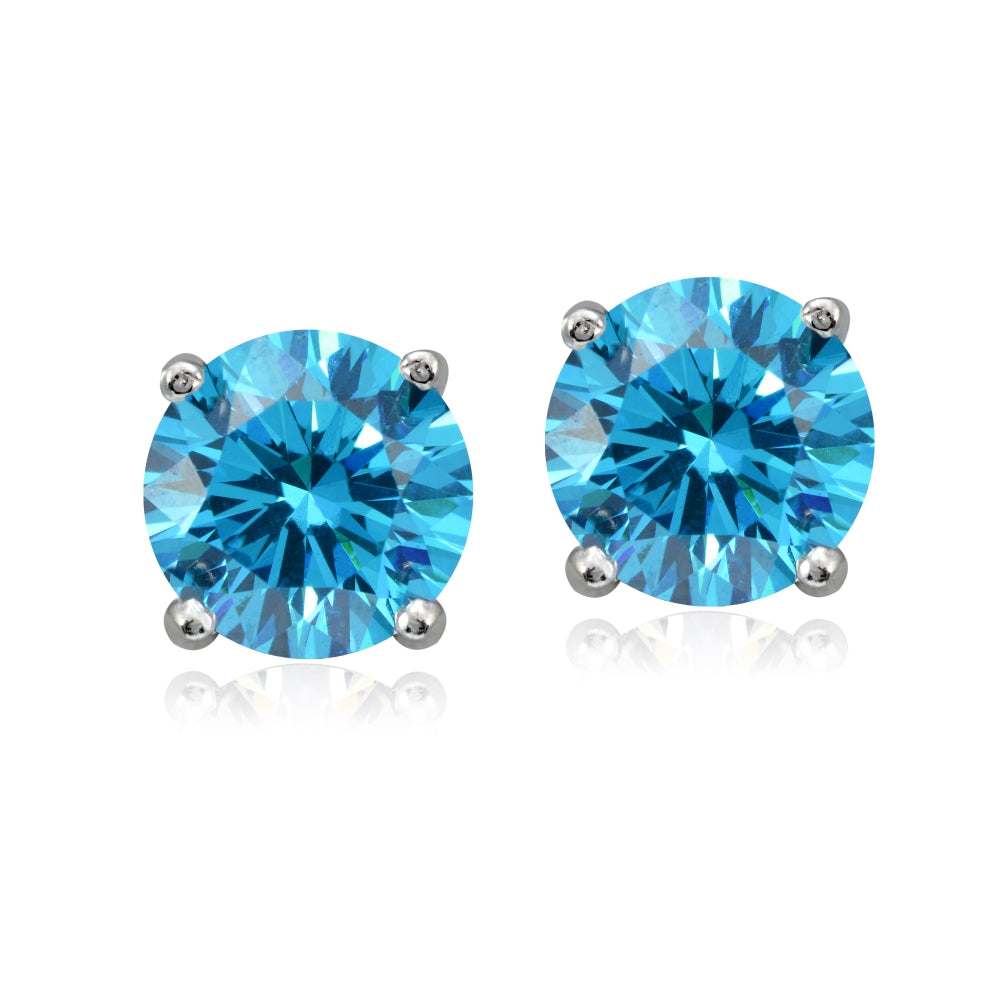 Platinum Plated Sterling Silver 100 Facets Blue Cubic Zirconia Stud Earrings (2cttw)-2
