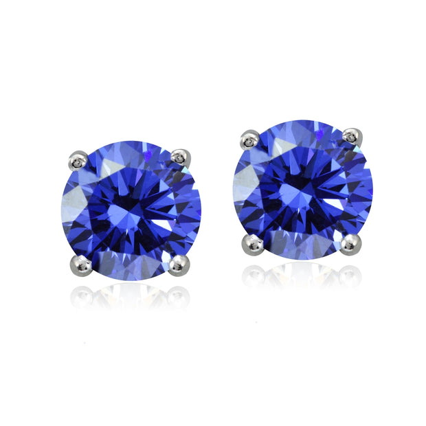 Platinum Plated Sterling Silver 100 Facets Blue Violet Cubic Zirconia Stud Earrings (2cttw)