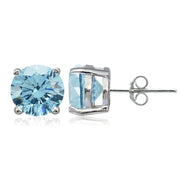 Platinum Plated Sterling Silver 100 Facets Light Blue Cubic Zirconia Solitaire Stud Earrings (3cttw)
