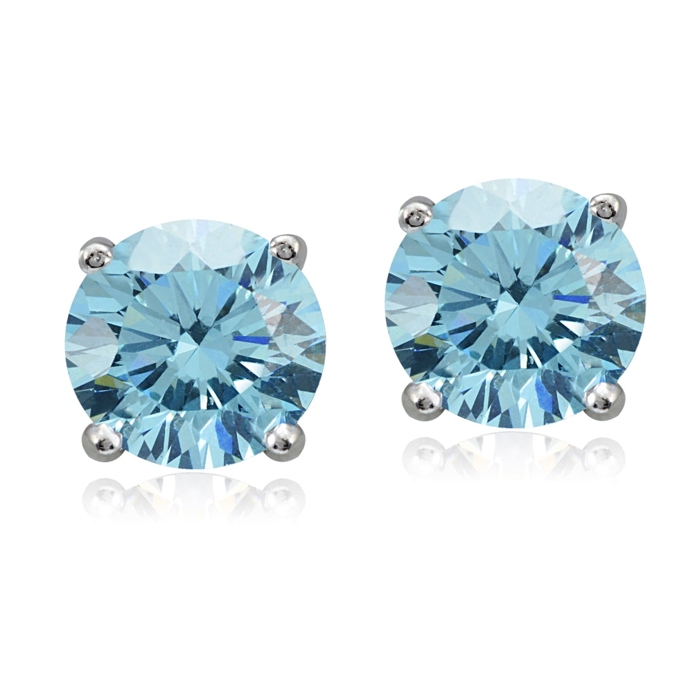 Platinum Plated Sterling Silver 100 Facets Light Blue Cubic Zirconia Solitaire Stud Earrings (3cttw)-2