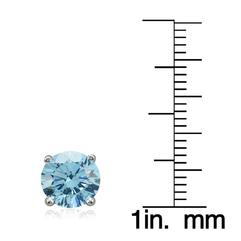 Platinum Plated Sterling Silver 100 Facets Light Blue Cubic Zirconia Solitaire Stud Earrings (3cttw)-3
