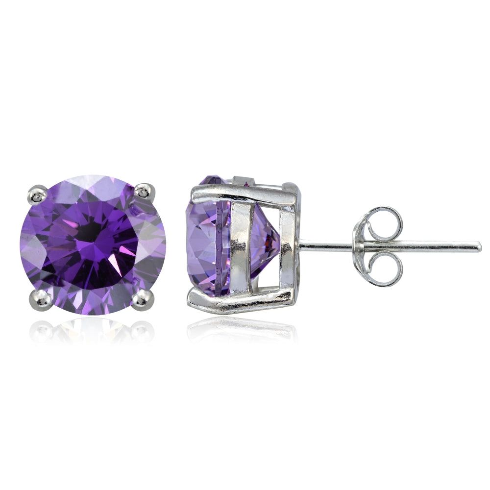 Platinum Plated Sterling Silver 100 FacetsPurple Cubic Zirconia Solitaire Stud Earrings (3cttw)