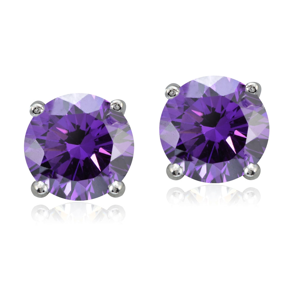Platinum Plated Sterling Silver 100 FacetsPurple Cubic Zirconia Solitaire Stud Earrings (3cttw)-2