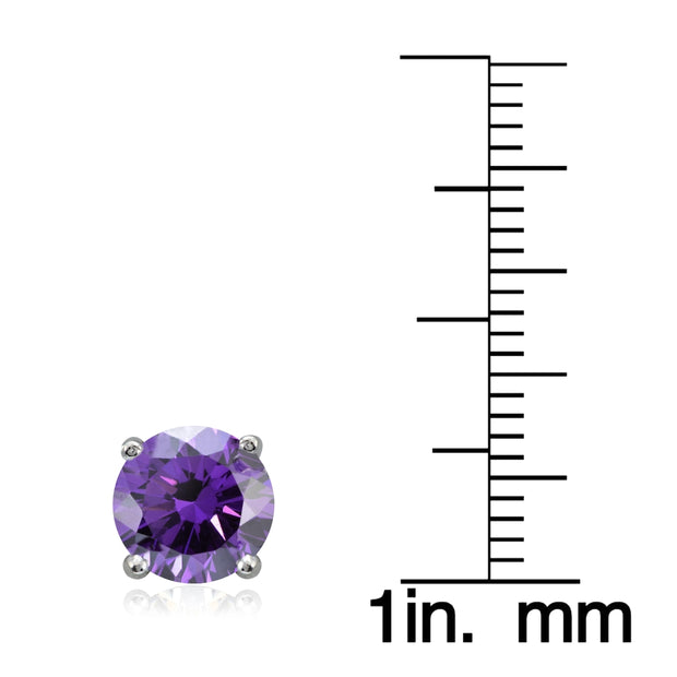 Platinum Plated Sterling Silver 100 FacetsPurple Cubic Zirconia Solitaire Stud Earrings (3cttw)