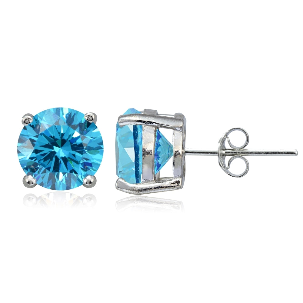 Platinum Plated Sterling Silver 100 Facets Blue Cubic Zirconia Solitaire Stud Earrings (3cttw)
