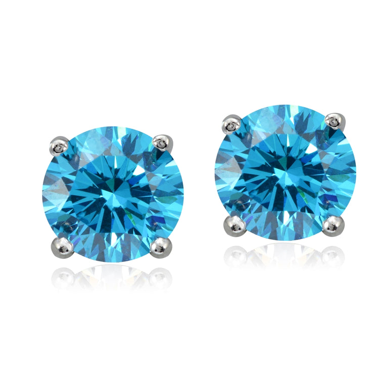 Platinum Plated Sterling Silver 100 Facets Blue Cubic Zirconia Solitaire Stud Earrings (3cttw)