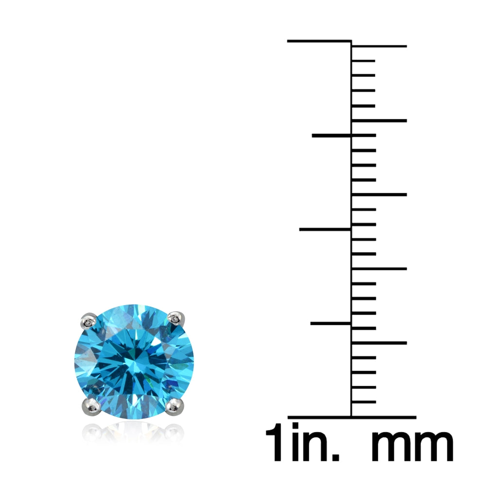 Platinum Plated Sterling Silver 100 Facets Blue Cubic Zirconia Solitaire Stud Earrings (3cttw)-3