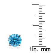 Platinum Plated Sterling Silver 100 Facets Blue Cubic Zirconia Solitaire Stud Earrings (3cttw)
