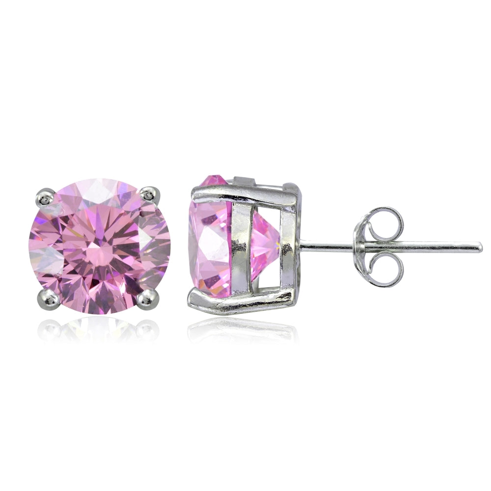 Platinum Plated Sterling Silver 100 Facets Light Pink Cubic Zirconia Solitaire Stud Earrings (3cttw)