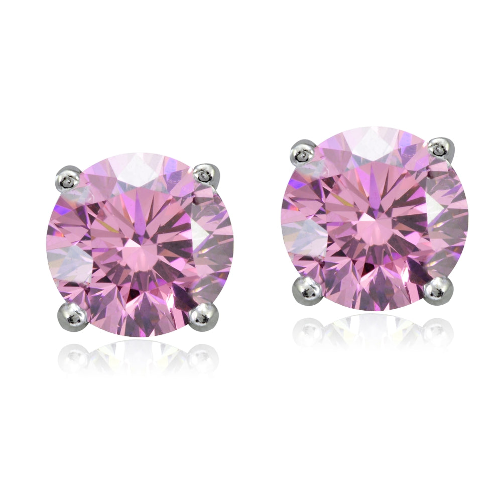 Platinum Plated Sterling Silver 100 Facets Light Pink Cubic Zirconia Solitaire Stud Earrings (3cttw)-2