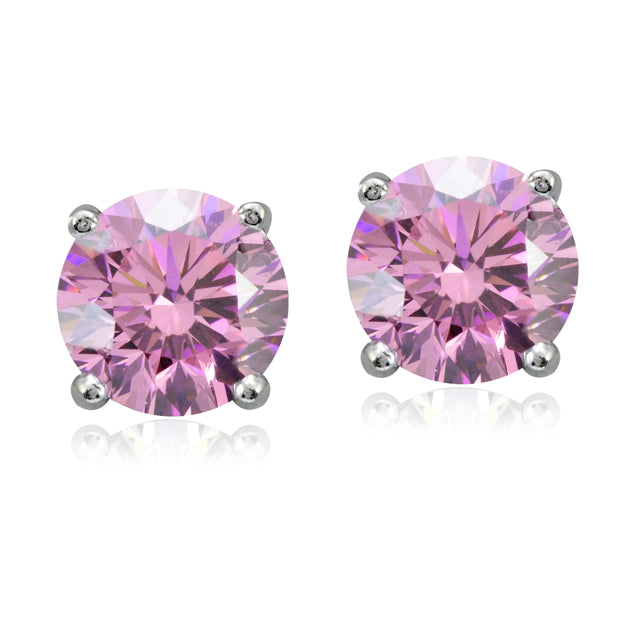 Platinum Plated Sterling Silver 100 Facets Light Pink Cubic Zirconia Solitaire Stud Earrings (3cttw)