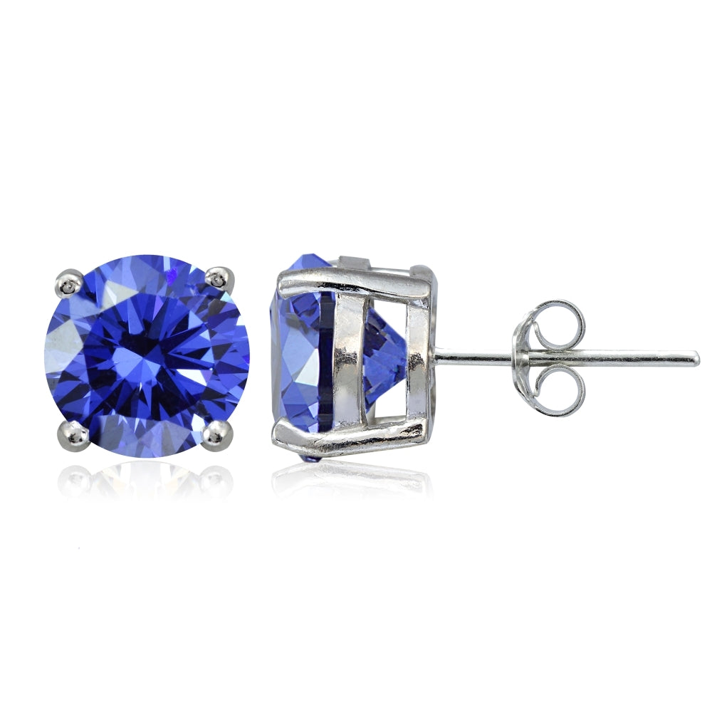 Platinum Plated Sterling Silver 100 Facets Blue Violet Cubic Zirconia Solitaire Stud Earrings (3cttw)