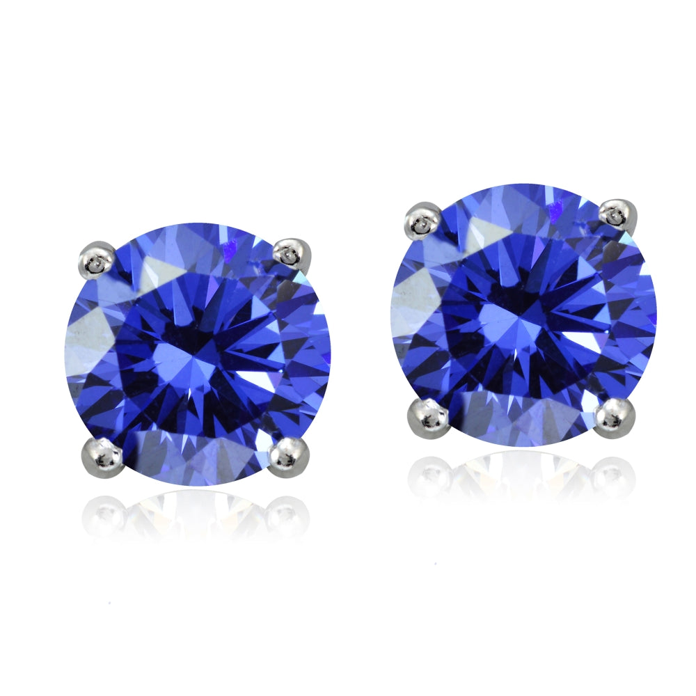 Platinum Plated Sterling Silver 100 Facets Blue Violet Cubic Zirconia Solitaire Stud Earrings (3cttw)-2