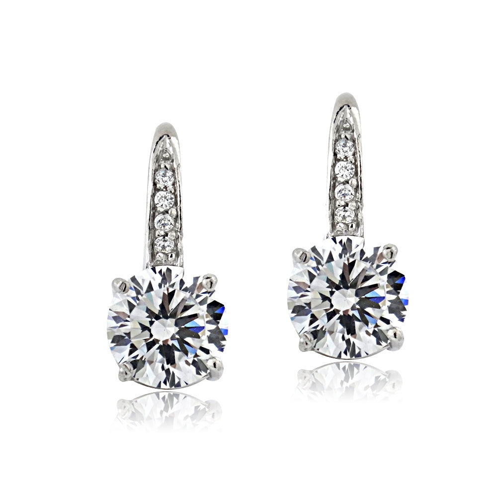 Platinum Plated Sterling Silver 100 Facets Cubic Zirconia Round Drop Leverback Earrings(4cttw)-2