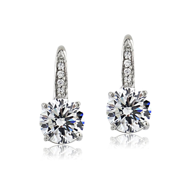 Platinum Plated Sterling Silver 100 Facets Cubic Zirconia Round Drop Leverback Earrings(4cttw)