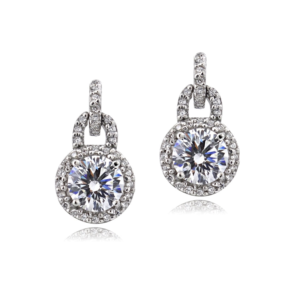 Platinum Plated Sterling Silver 100 Facets Cubic Zirconia Round Dangle Earrings(2cttw)-2