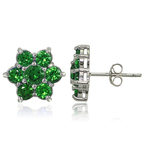 Sterling Silver Created Emerald Flower Stud Earrings