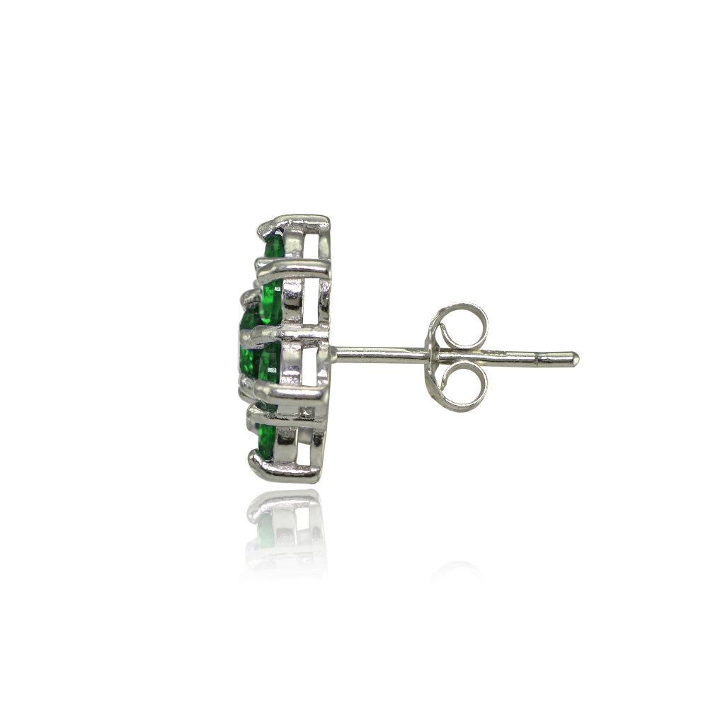Sterling Silver Created Emerald Flower Stud Earrings-2