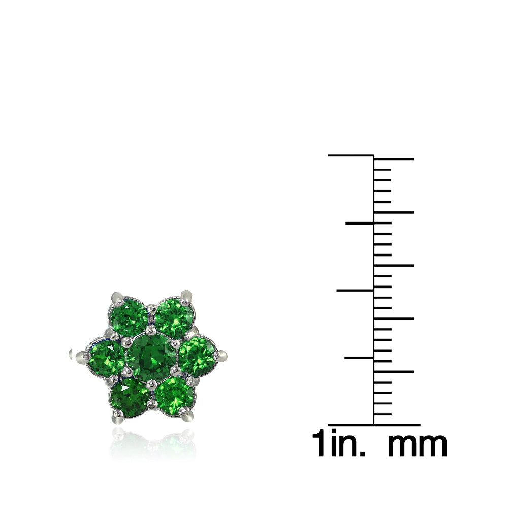 Sterling Silver Created Emerald Flower Stud Earrings-3
