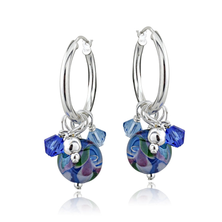 Sterling Silver Hand Blown Millefiori Blue Artisan Glass & Crystal Cluster Hoop Earrings
