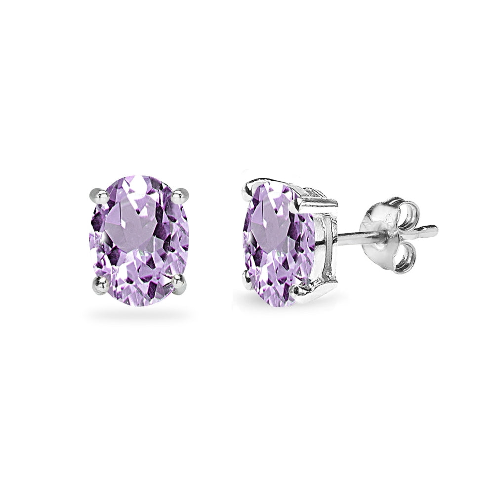 Sterling Silver Amethyst 7x5mm Oval-Cut Solitaire Stud Earrings